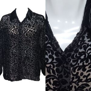Black Velvet Burnout Blouse Women's M Button Front Cuff Silk Blend Textured Top